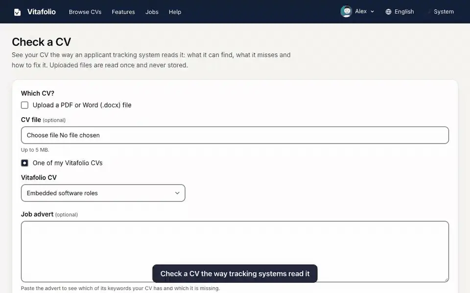 A Vitafolio CV is chosen and a job advert is pasted in. The report shows the overall score, the score for each area, suggestions and which advert keywords the CV has and lacks.