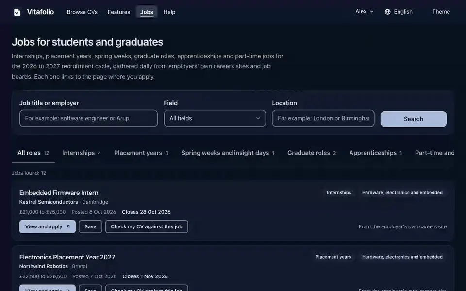 The Jobs page is filtered to hardware internships and a role is saved. On My applications its status changes to Applied and a role found elsewhere is added by hand.