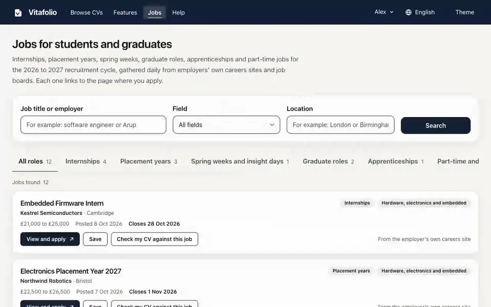 The Jobs page is filtered to hardware internships and a role is saved. On My applications its status changes to Applied and a role found elsewhere is added by hand.