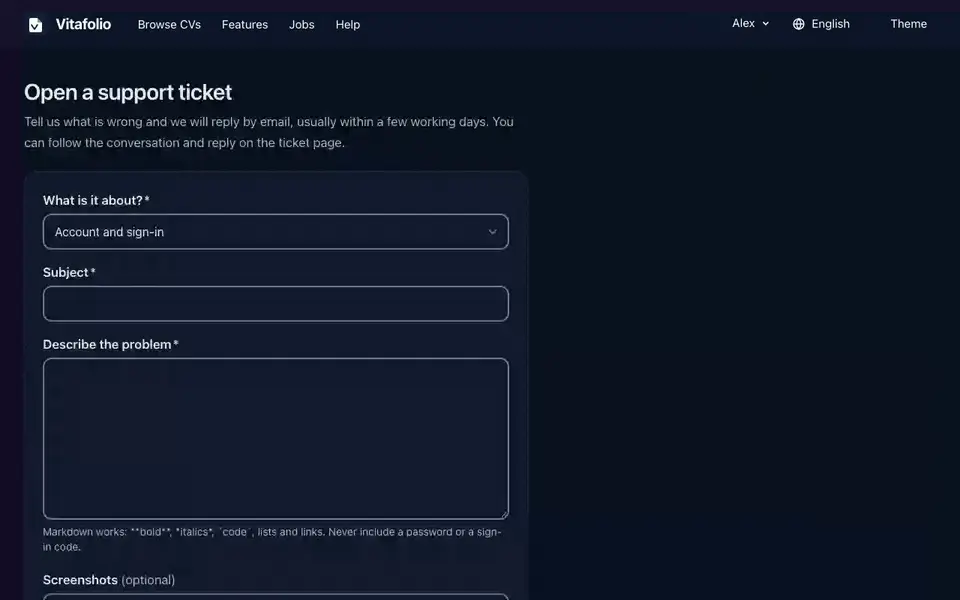 A support ticket about the order of CV sections is opened and given a reference. The tickets list and an earlier conversation with a reply from the support team are then shown.