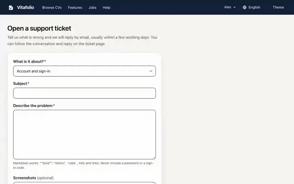 A support ticket about the order of CV sections is opened and given a reference. The tickets list and an earlier conversation with a reply from the support team are then shown.